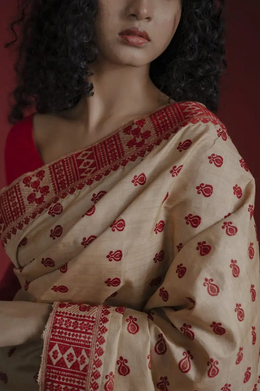 Pure Muga Assam Silk Saree With Red Motifs (Copy)