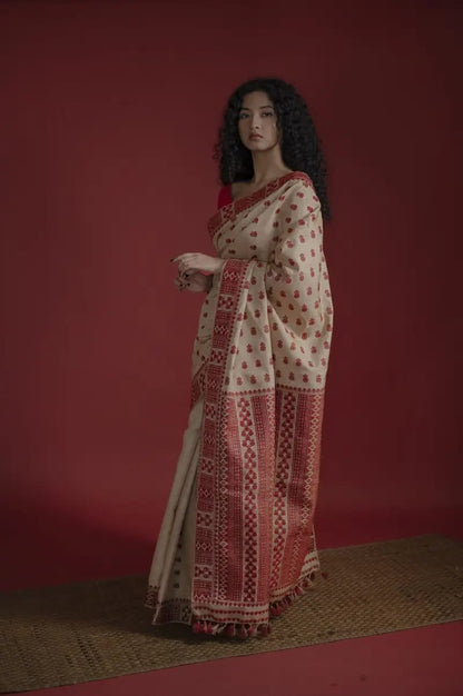 Pure Muga Assam Silk Saree With Red Motifs (Copy)