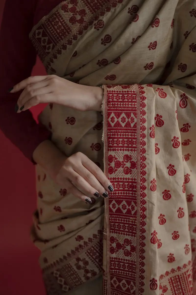 Pure Muga Assam Silk Saree With Red Motifs