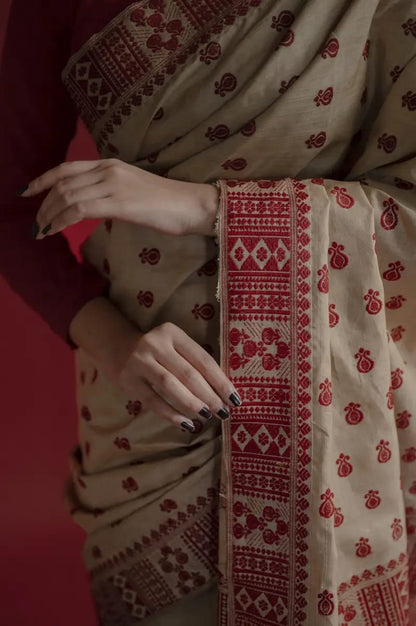 Pure Muga Assam Silk Saree With Red Motifs (Copy)
