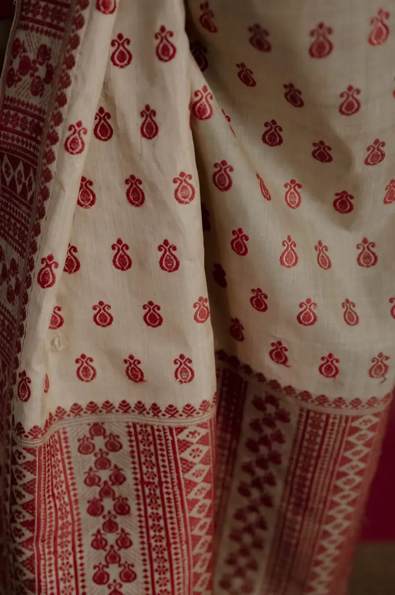 Pure Muga Assam Silk Saree With Red Motifs