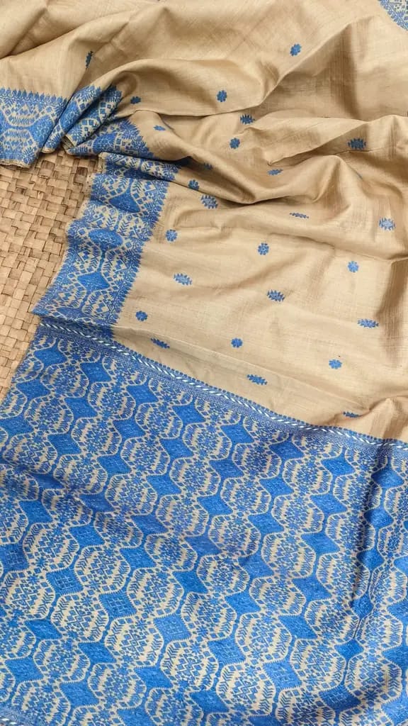 Blue Pure Muga Thread Work Interwoven Assam Silk Saree
