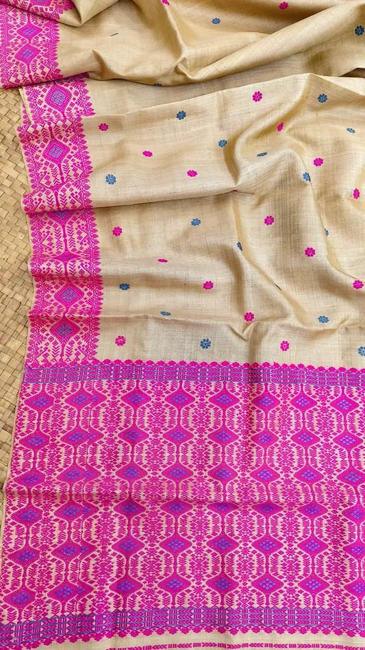 Pink Pure Muga Thread Work Interwoven Assam Silk Saree