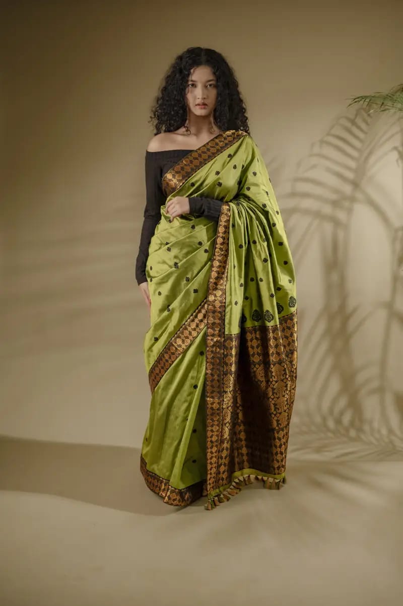 Olive Green Pure Mulberry Thread Work Assam Silk Saree