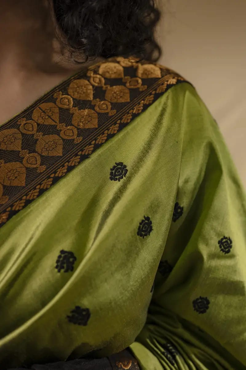 Olive Green Pure Mulberry Thread Work Assam Silk Saree