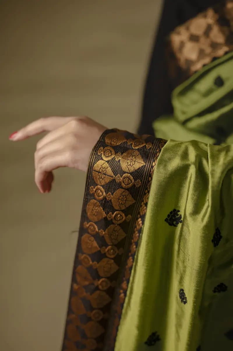 Olive Green Pure Mulberry Thread Work Assam Silk Saree
