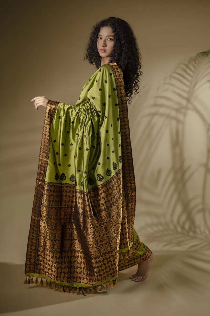 Olive Green Pure Mulberry Thread Work Assam Silk Saree