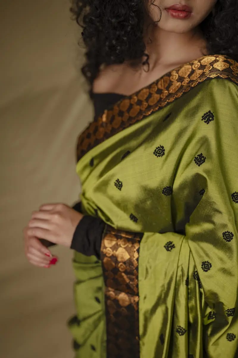 Olive Green Pure Mulberry Thread Work Assam Silk Saree