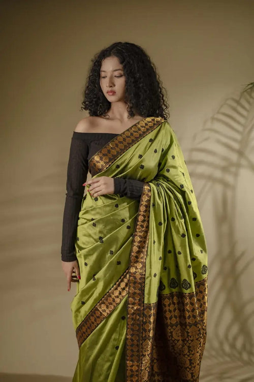 Olive Green Pure Mulberry Thread Work Assam Silk Saree