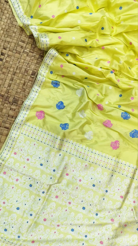 Yellow Pure Mulberry Silk Saree Thread Work Assam Silk saree