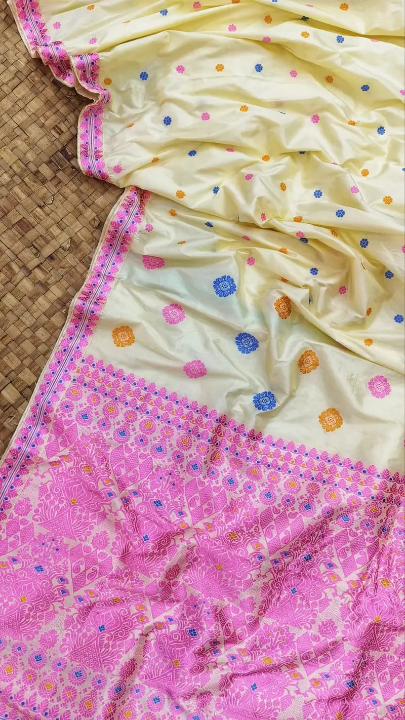 Cream Pure Mulberry Silk Thread Work Assam Silk saree